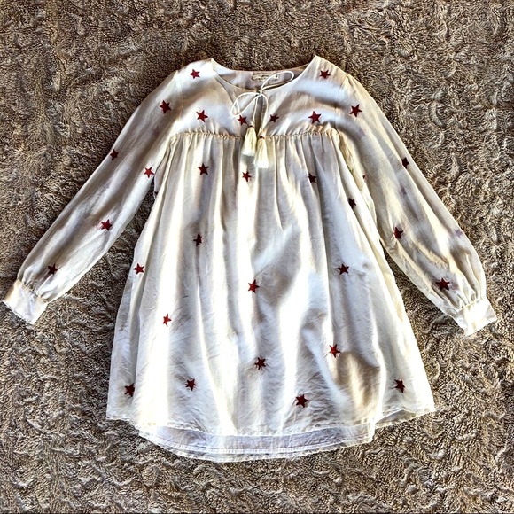 Tularosa Long Sleeve Cosmic Star Dress Silk and Cotton Ivory Colored Red Stars. - Picture 7 of 12